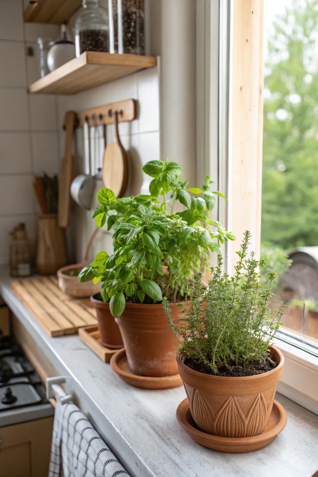 A simple and aromatic start: Kitchen windowsill herb garden.