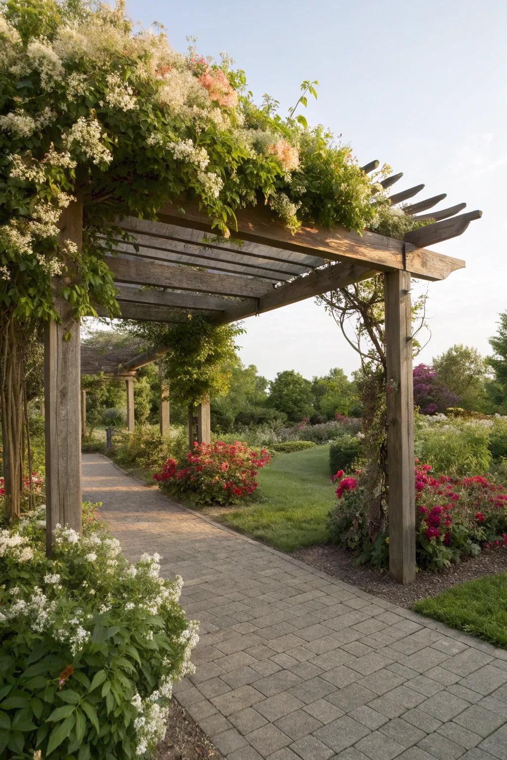 A classic wooden pergola adorned with lush honeysuckle, providing a perfect garden retreat.