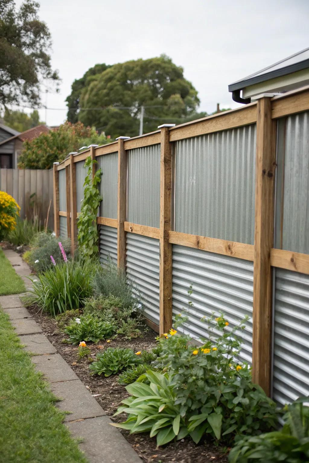 A stylish combination of horizontal corrugated metal and wood creates a warm and modern fence design.