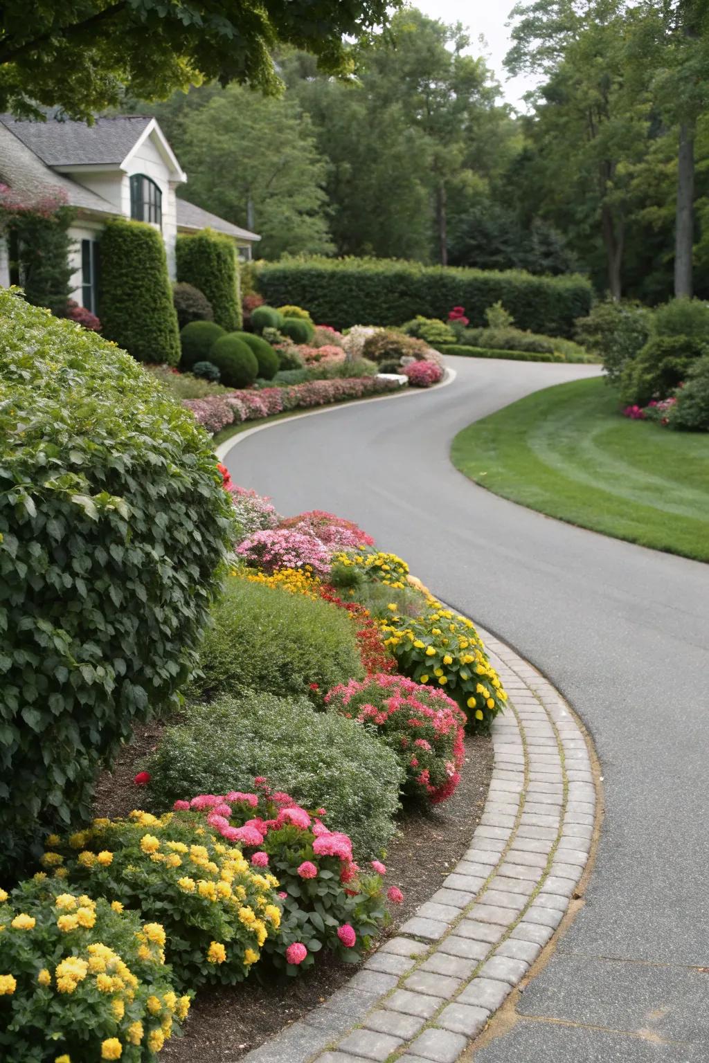 A horseshoe driveway beautifully edged with vibrant plants and flowers.