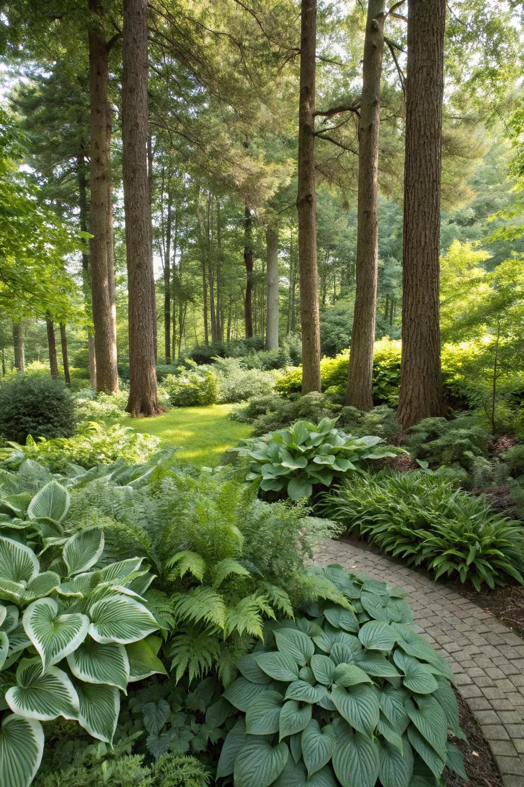 A woodland retreat with hostas and ferns thriving under tall trees.