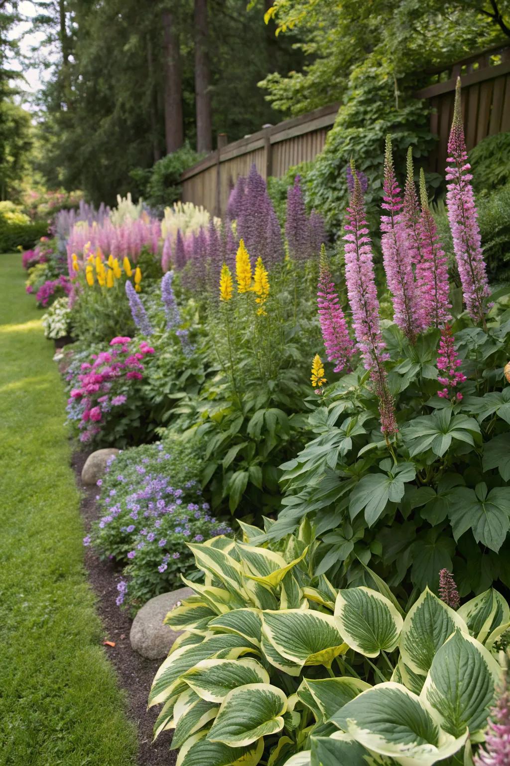 A garden border where hostas meet tall flowering varieties for a captivating look.