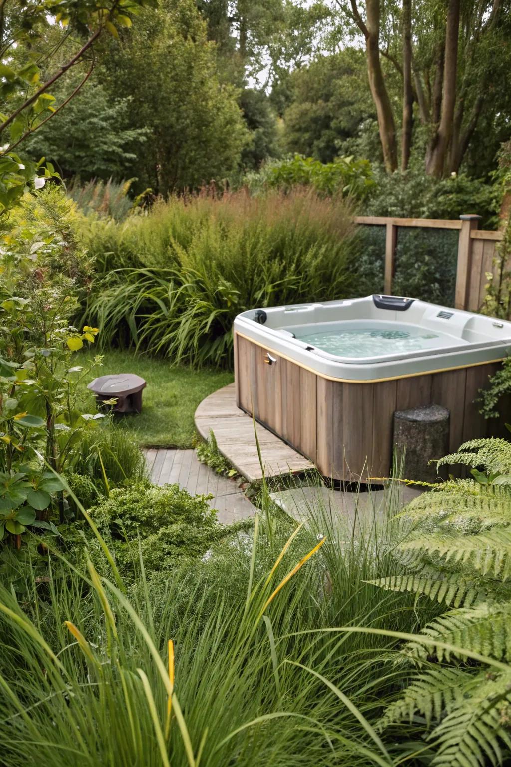 A hot tub nestled among lush greenery creates a secluded escape.