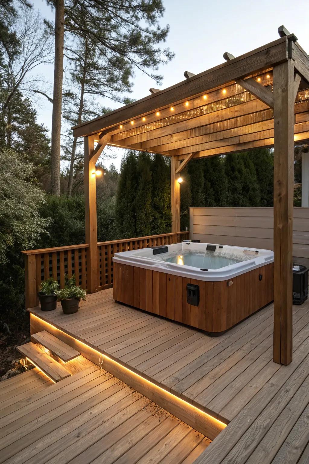 Cedar wood wraps around a cozy hot tub space, creating a warm retreat.