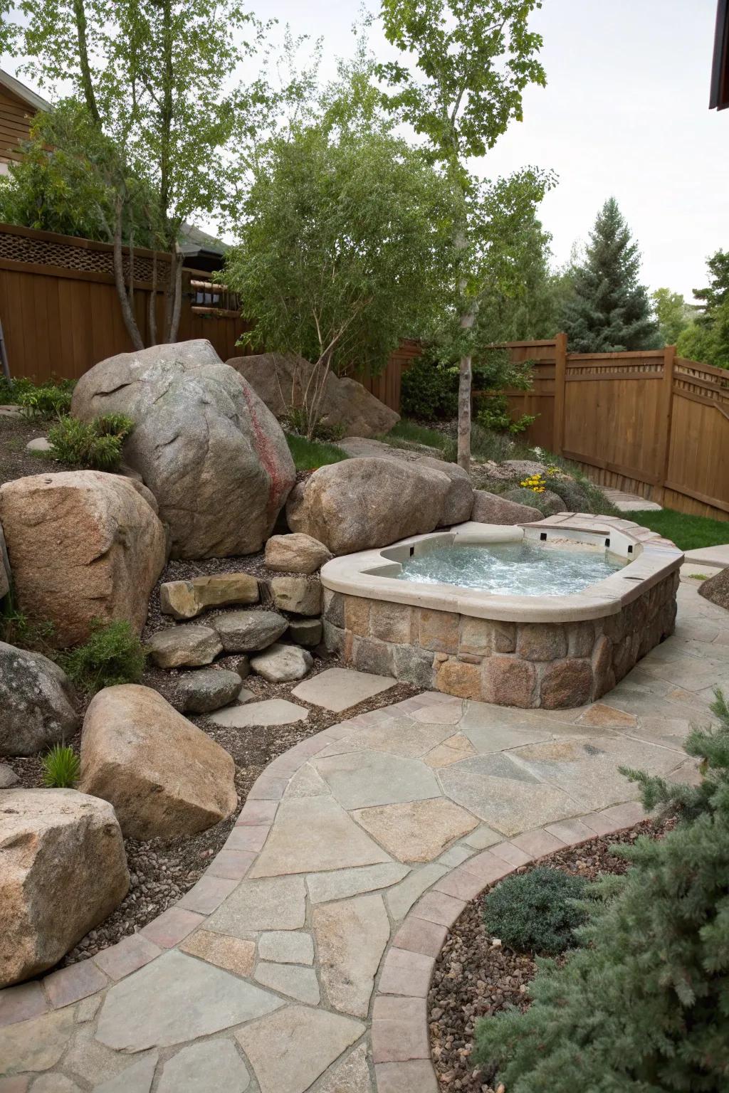 Natural stone boulders create a rustic and natural look around a hot tub.