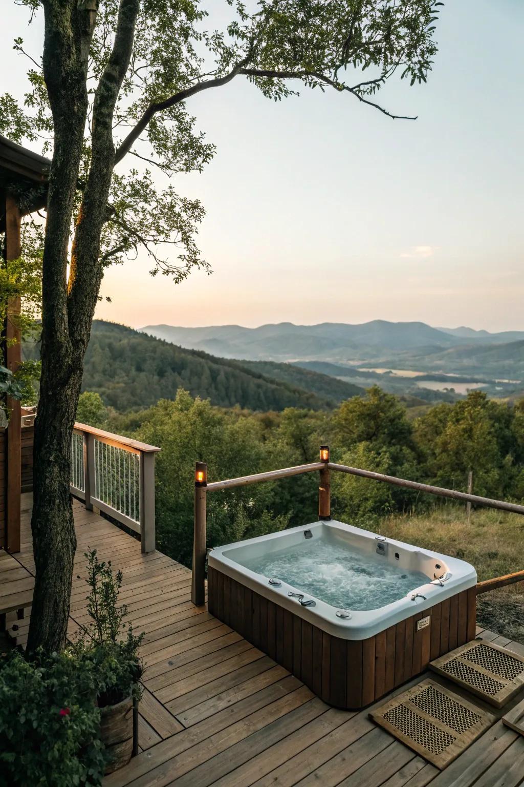 A hot tub on a raised deck offers both privacy and stunning views.