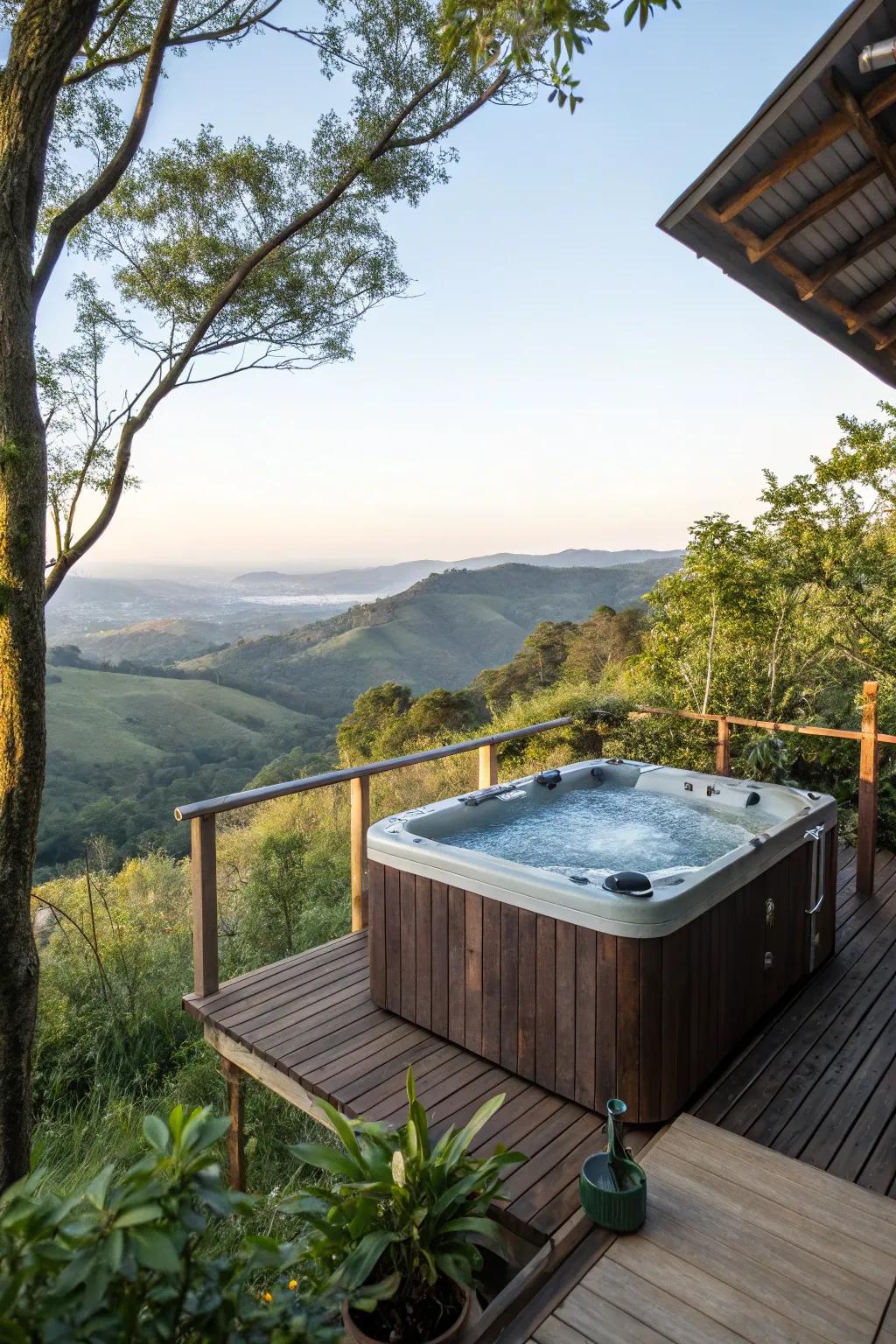 An elevated hot tub deck offers stunning views and privacy.