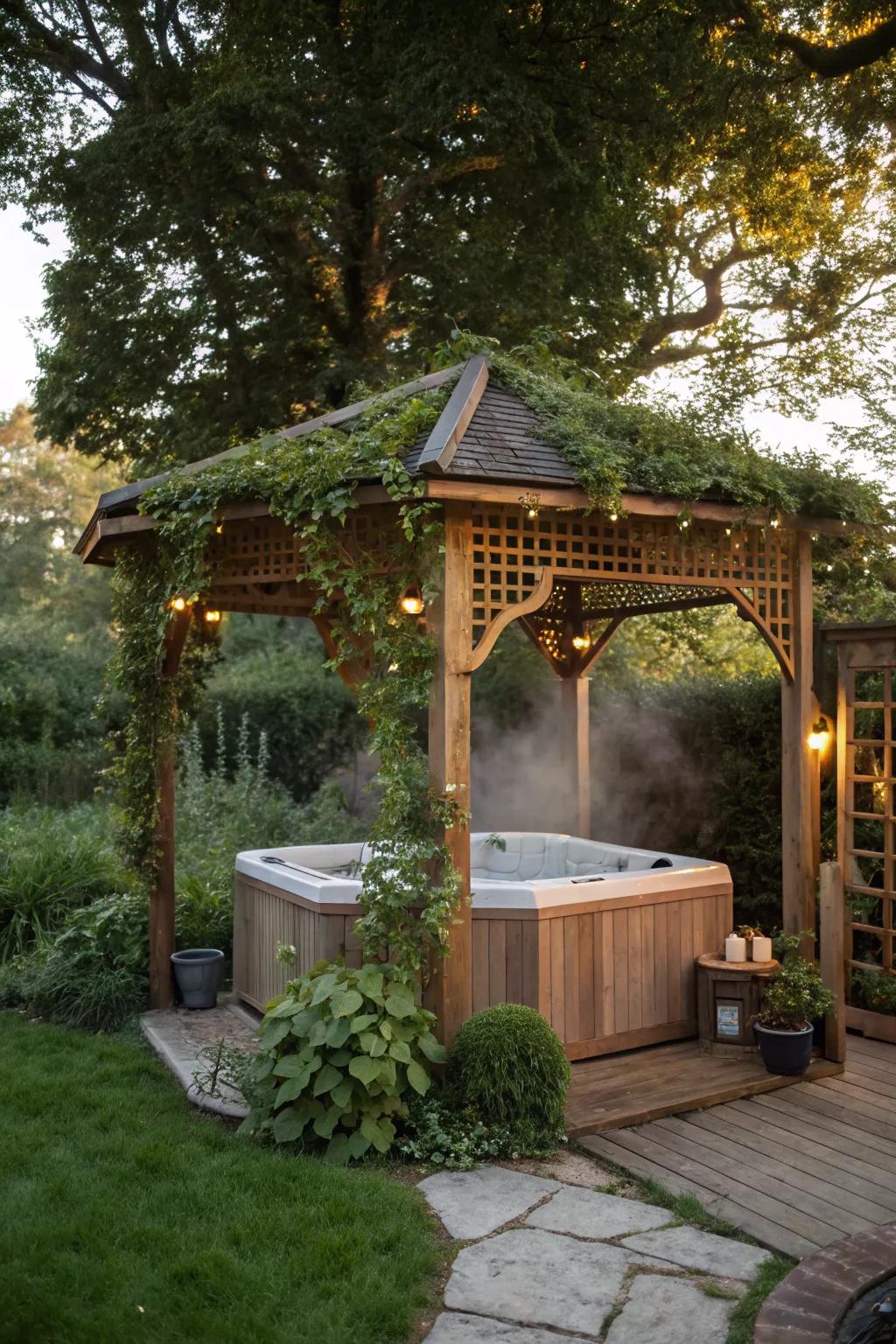 A classic wooden gazebo offers style and privacy for your hot tub.