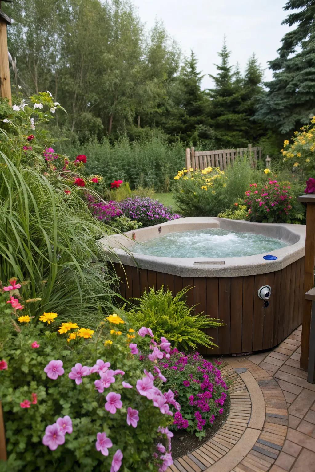 A garden-themed hot tub setup provides tranquility and privacy.