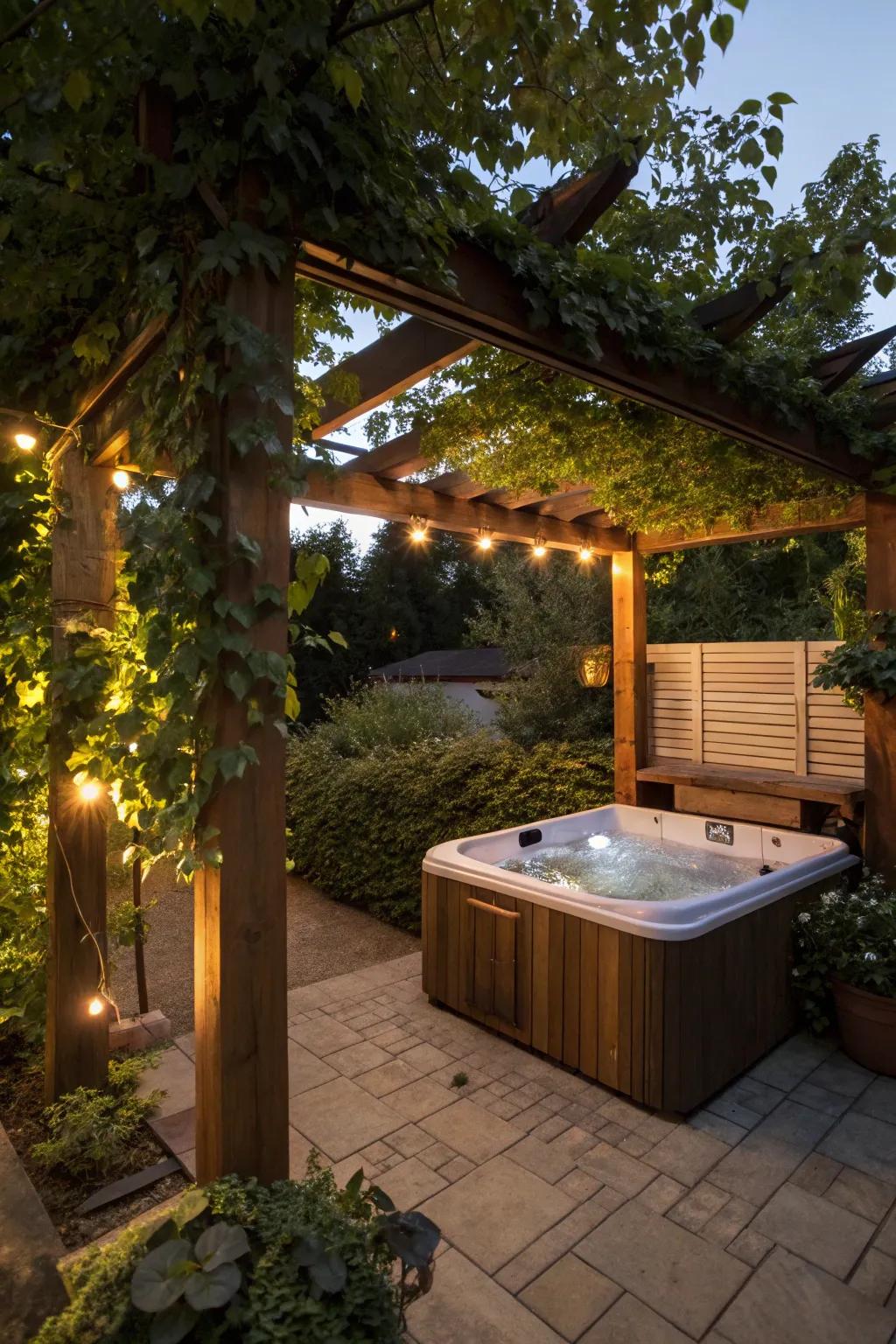 A wooden pergola creates an elegant shaded nook for a hot tub.