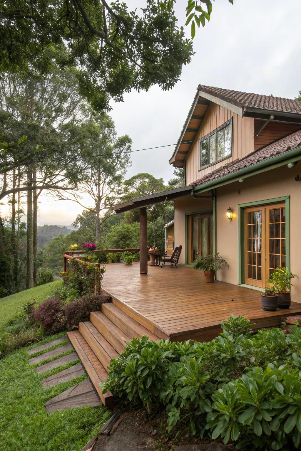 Warm earth tones create an inviting, cozy atmosphere for your deck.