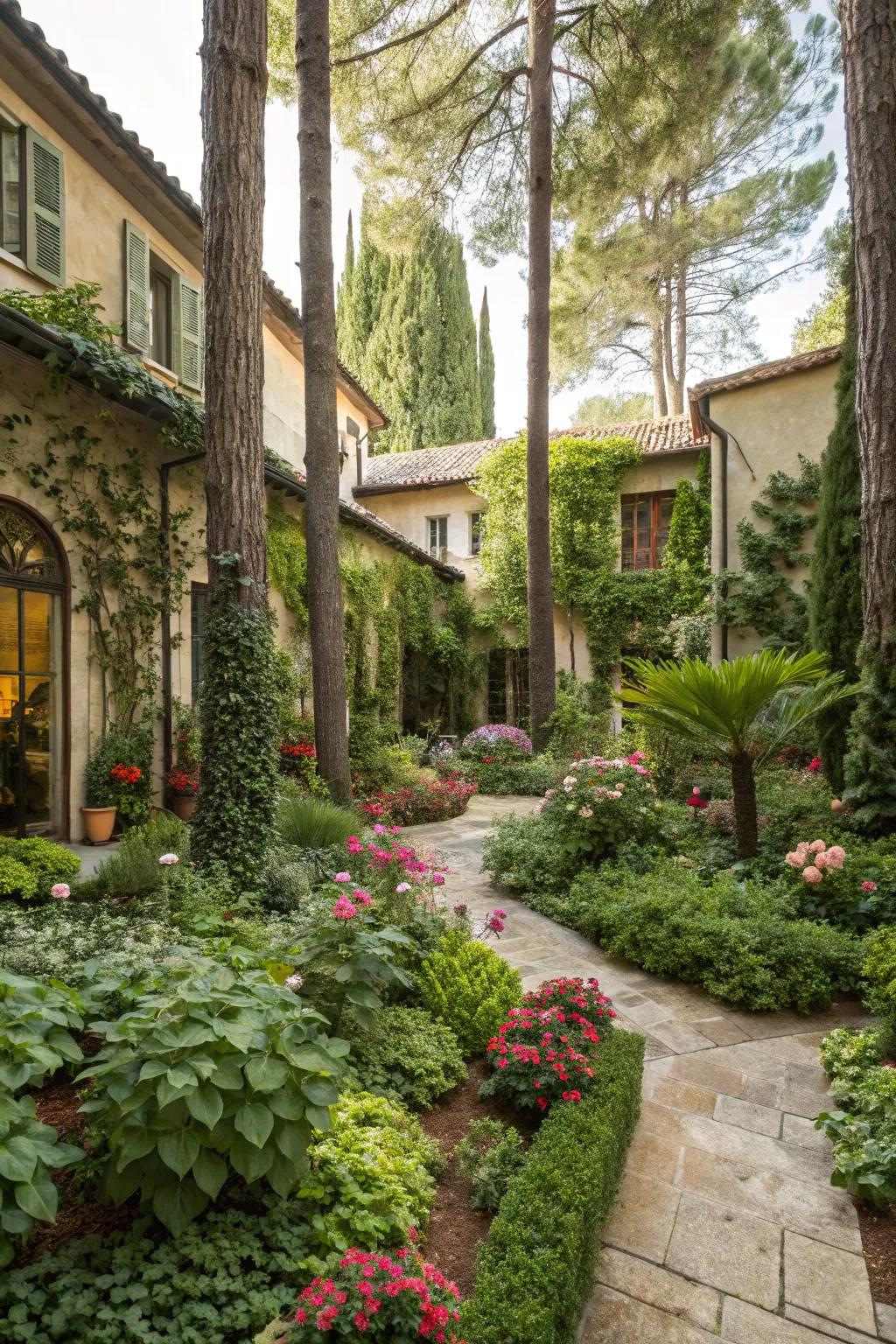 A blend of tall plants and ground cover creates a vibrant courtyard.
