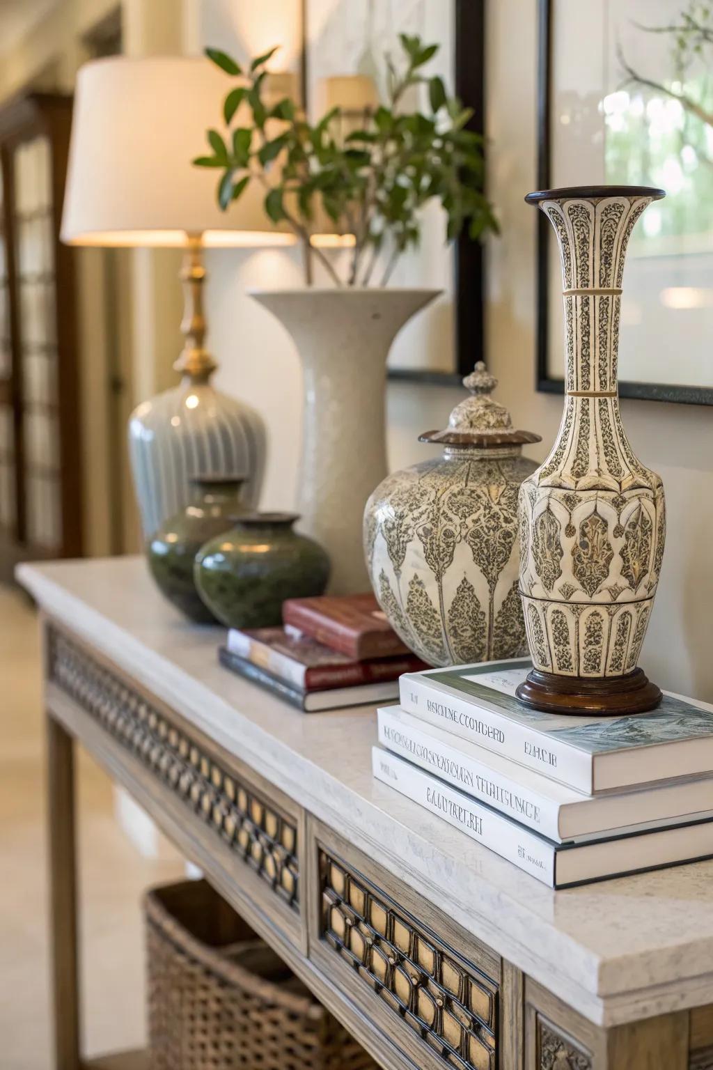 A console table adorned with vases and books adds elegance to any entryway.