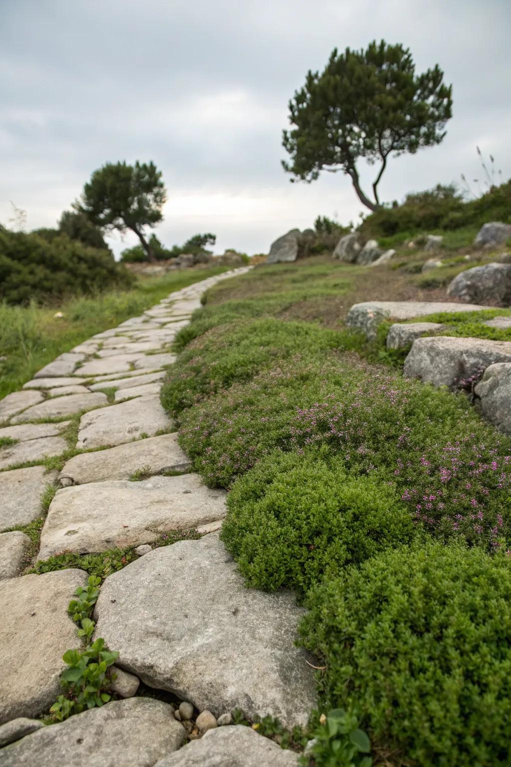 A natural stone pathway with creeping thyme creates a serene, timeless look.