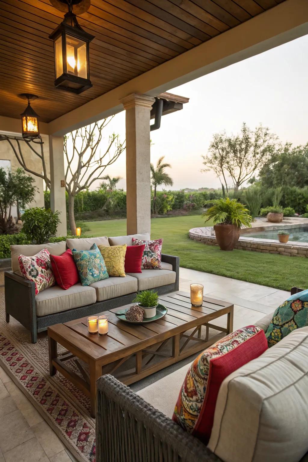 A cozy outdoor living room setup with comfortable seating and vibrant cushions.