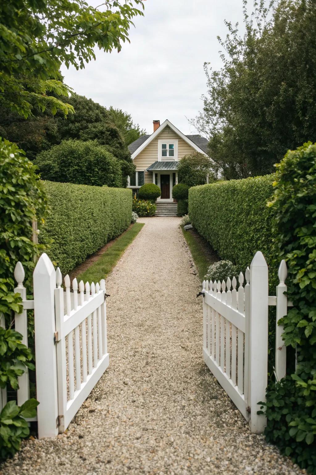 A charming gravel driveway beautifully bordered by greenery.