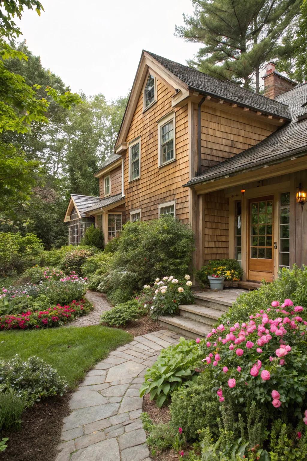 A traditional home featuring classic cedar wood siding.