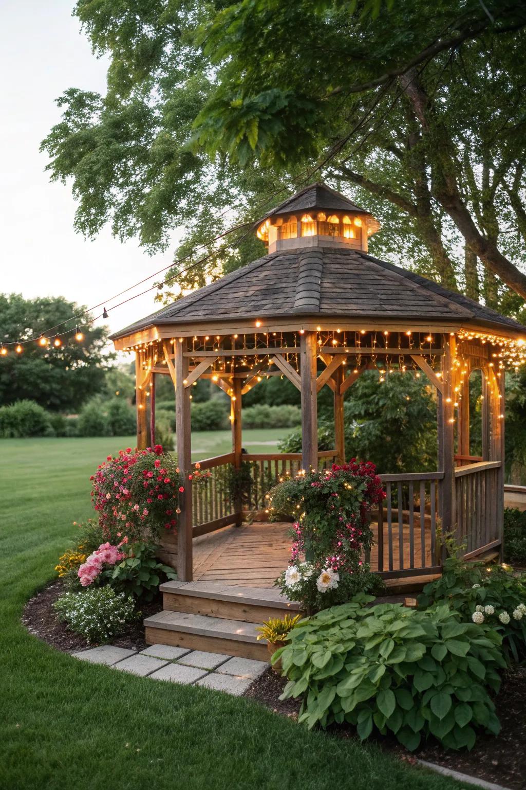 A wooden gazebo adorned with string lights, creating a warm and inviting outdoor space.
