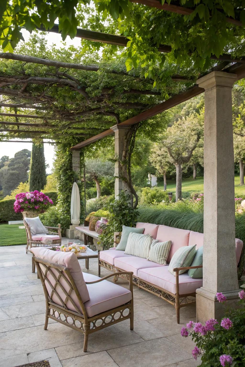 Comfy seating transforms your pergola into a relaxation haven.