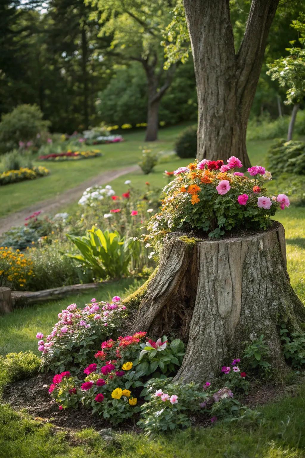 Create a stunning floral centerpiece with a tree stump planter.