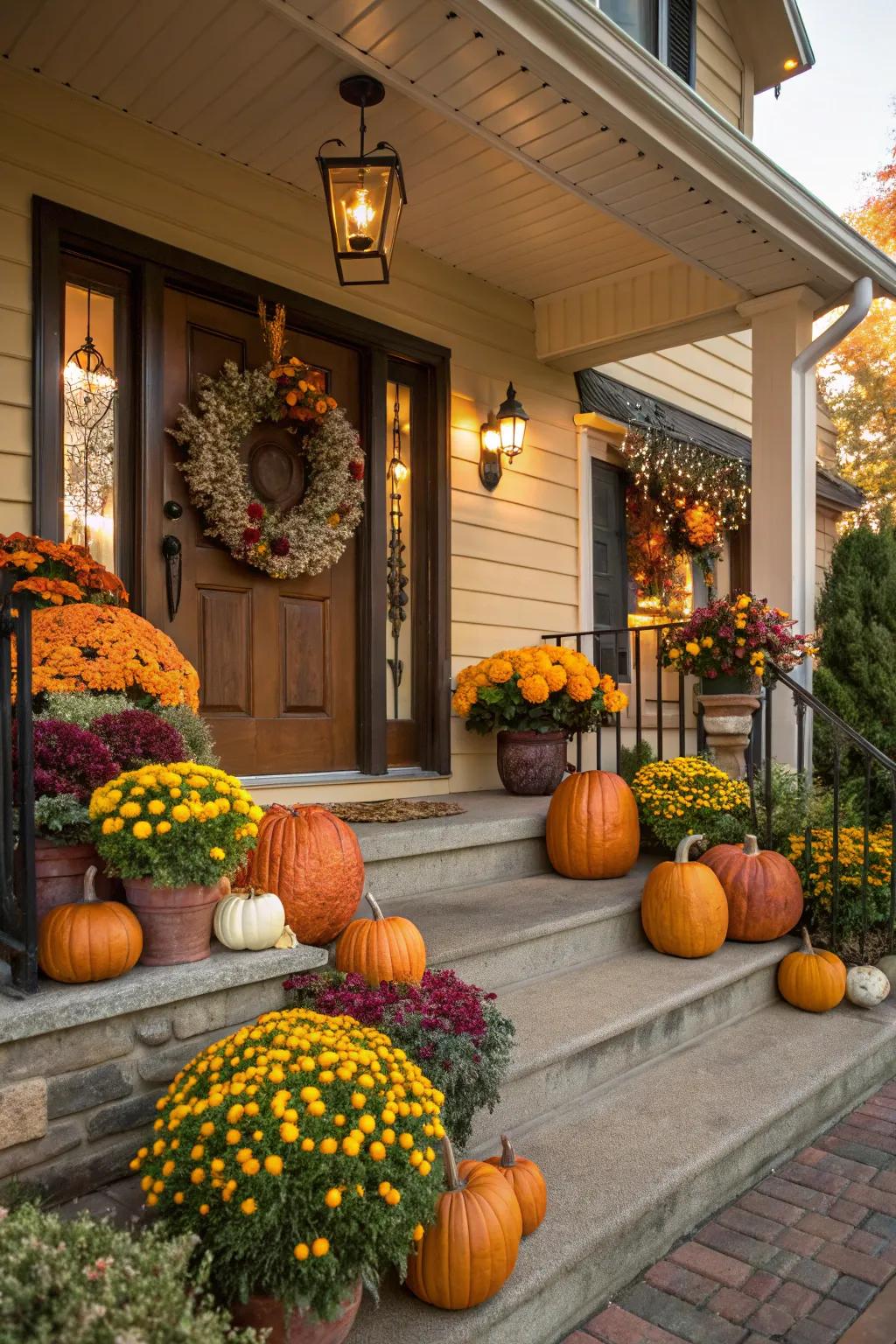 A cozy fall-themed front porch with pumpkins and a welcoming wreath.