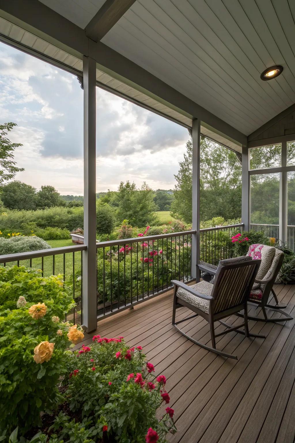 A porch enclosed with screens providing a bug-free environment.