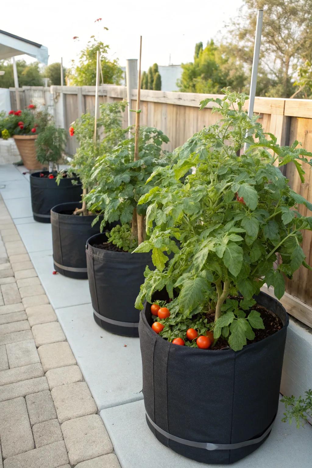 Large fabric pots are ideal for growing tomatoes, allowing ample space for roots.