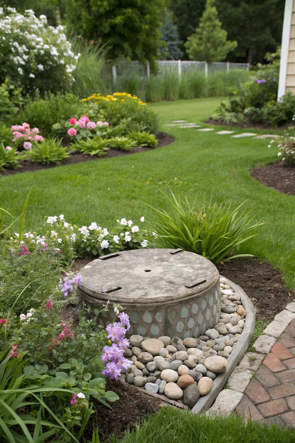 Use decorative stones to naturally blend septic tank risers into your garden.