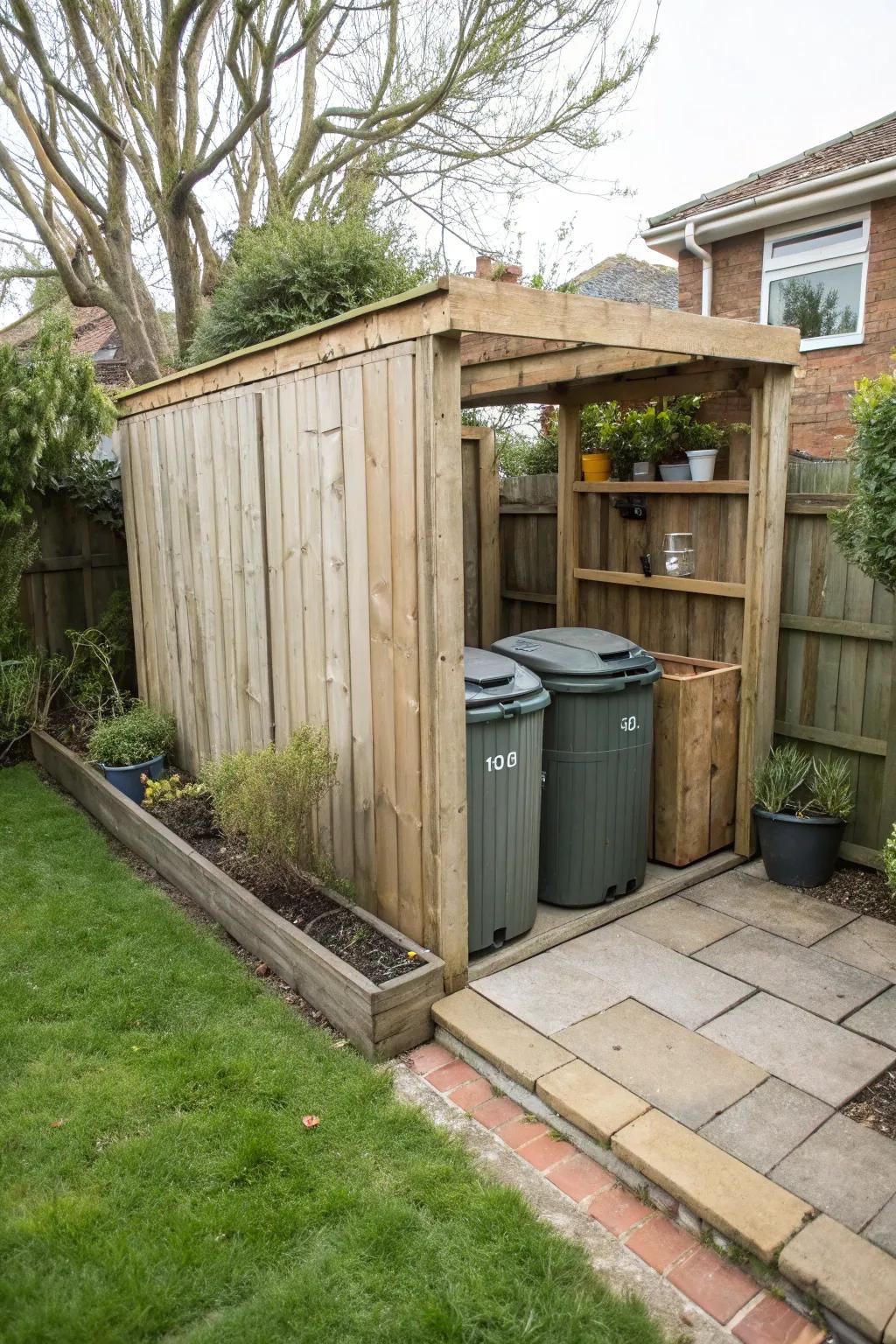 A classic wooden enclosure offers a seamless and stylish way to hide trash cans.