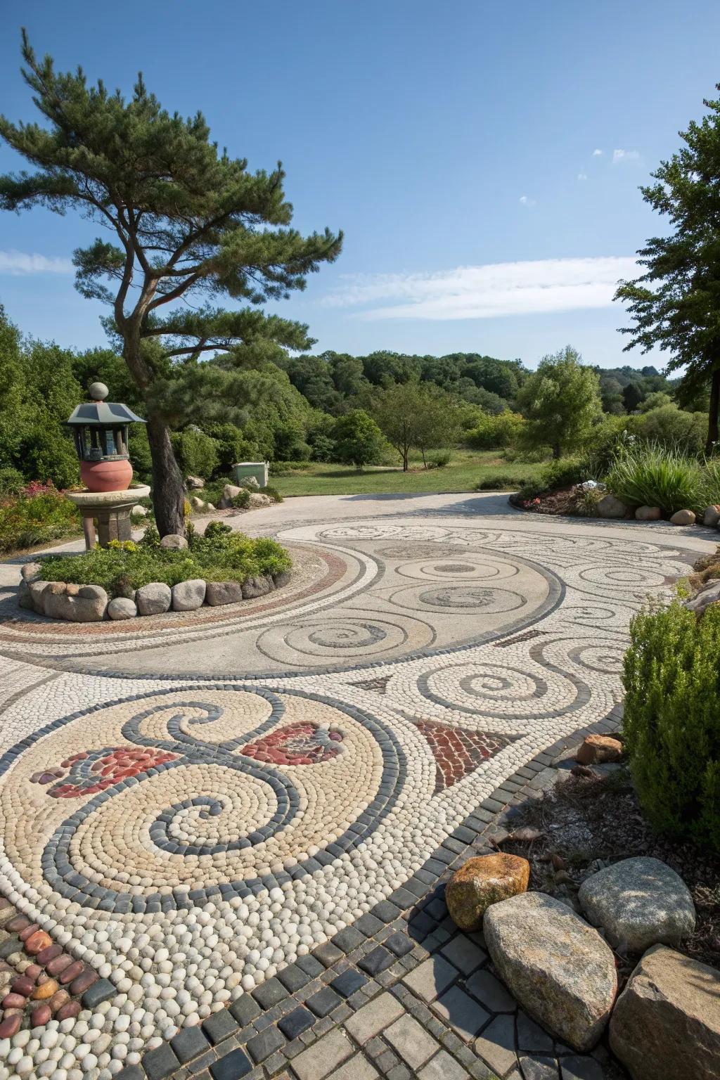 Intricate pebble patterns create a mosaic effect in this rock garden.