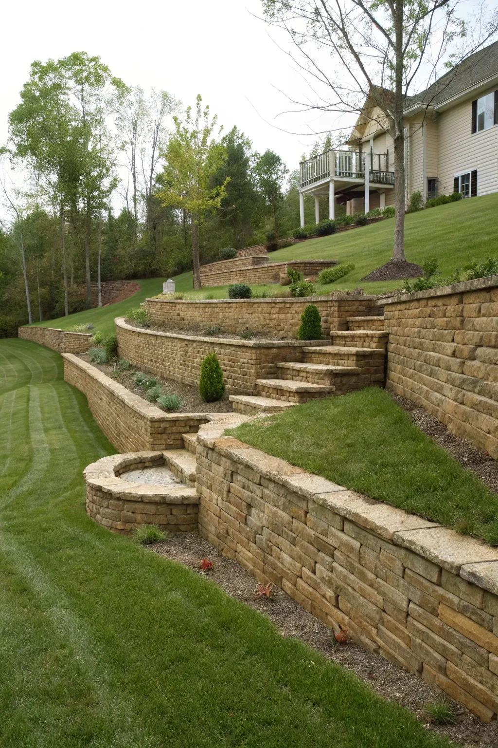 A sloped yard with elegant stone retaining walls creating terraced garden spaces.