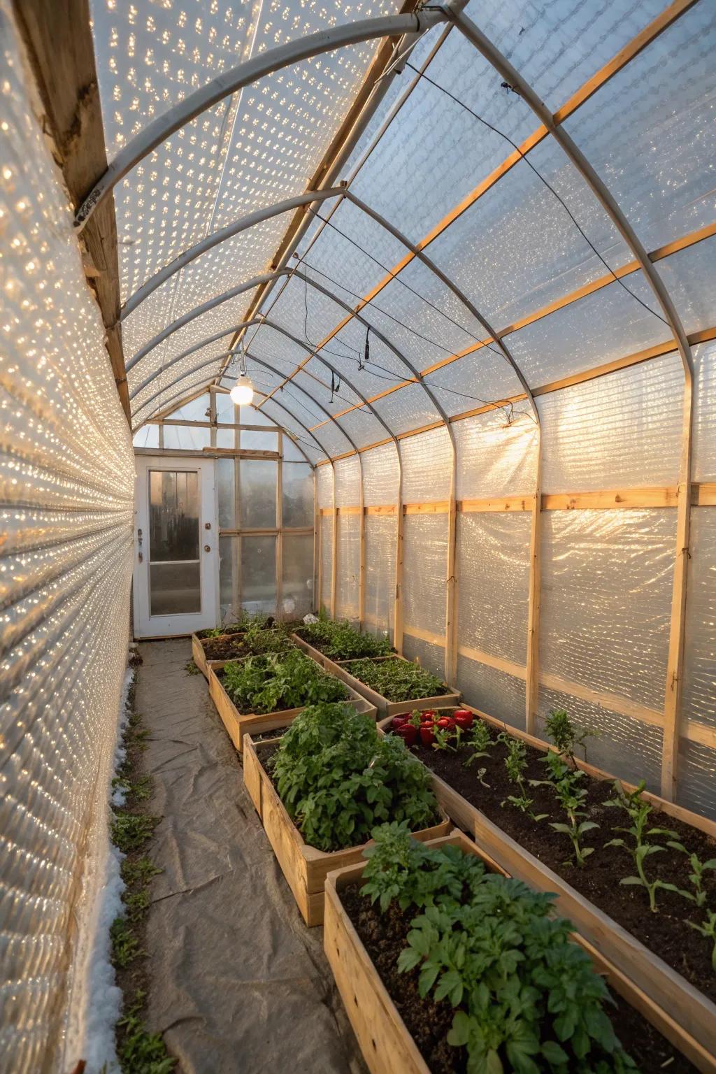 Bubble wrap insulates a greenhouse, creating a warm environment for plants.