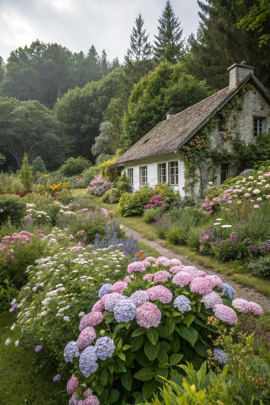 Hydrangeas paired with wildflowers create a charming and rustic cottage garden vibe.
