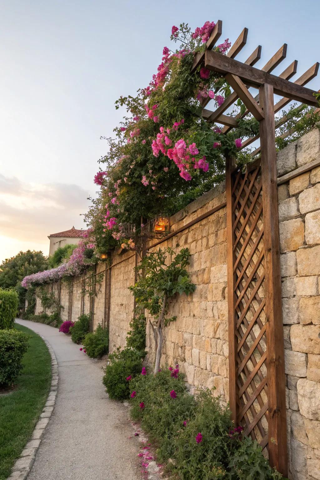 Transform your garden wall with a stunning trellis and climbing plants.