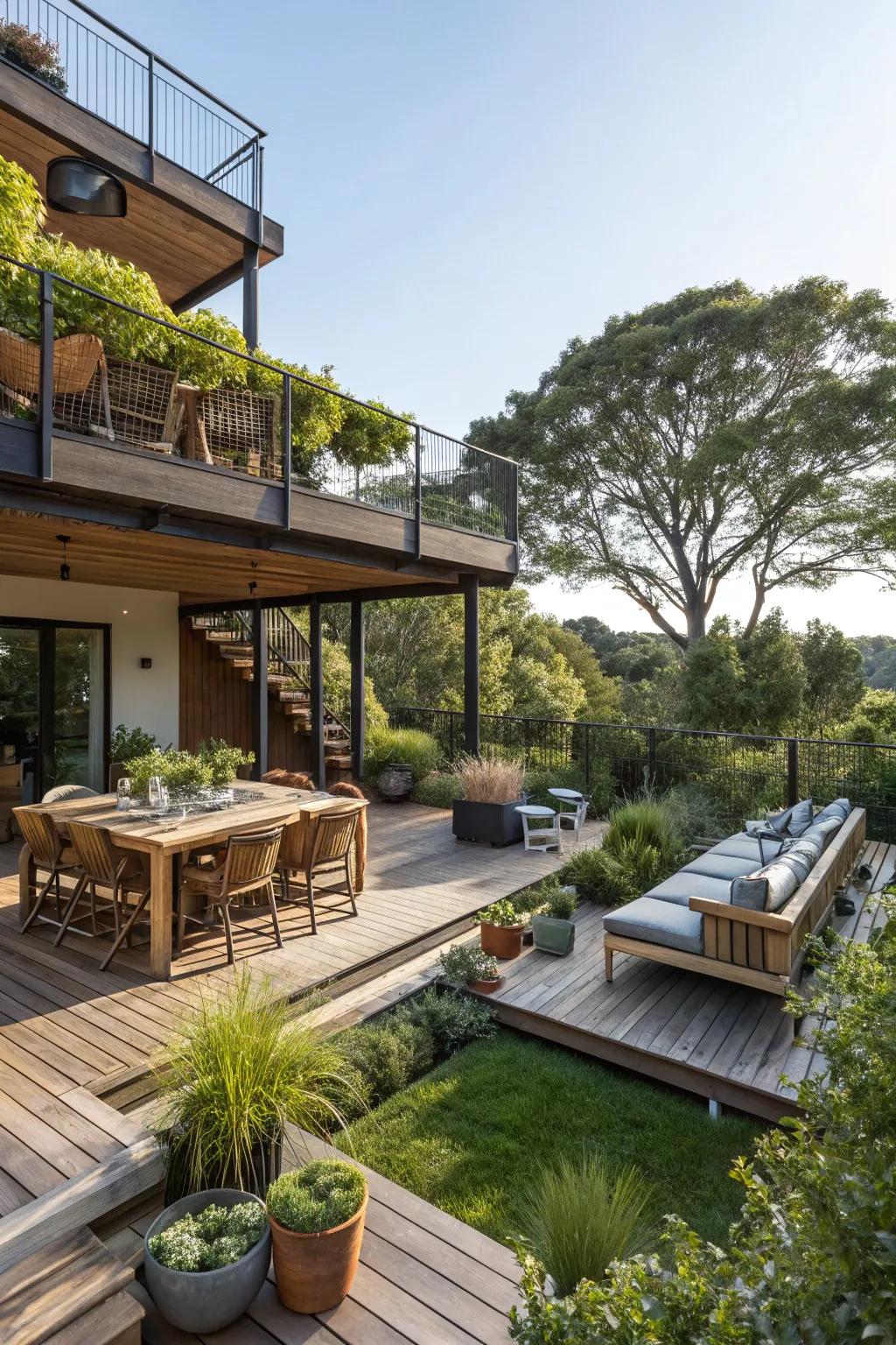 A garden deck with different levels for distinct activity zones.