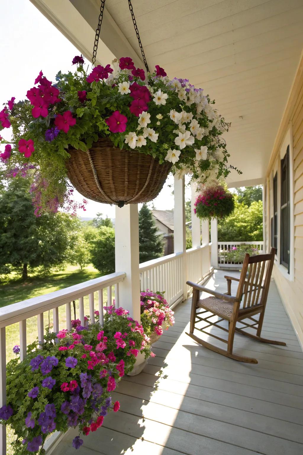 Brighten your porch with a petunia-filled hanging basket.