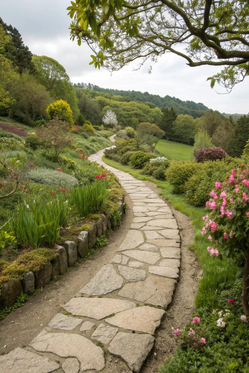 A curved stone pathway offers a natural, inviting route through your garden.