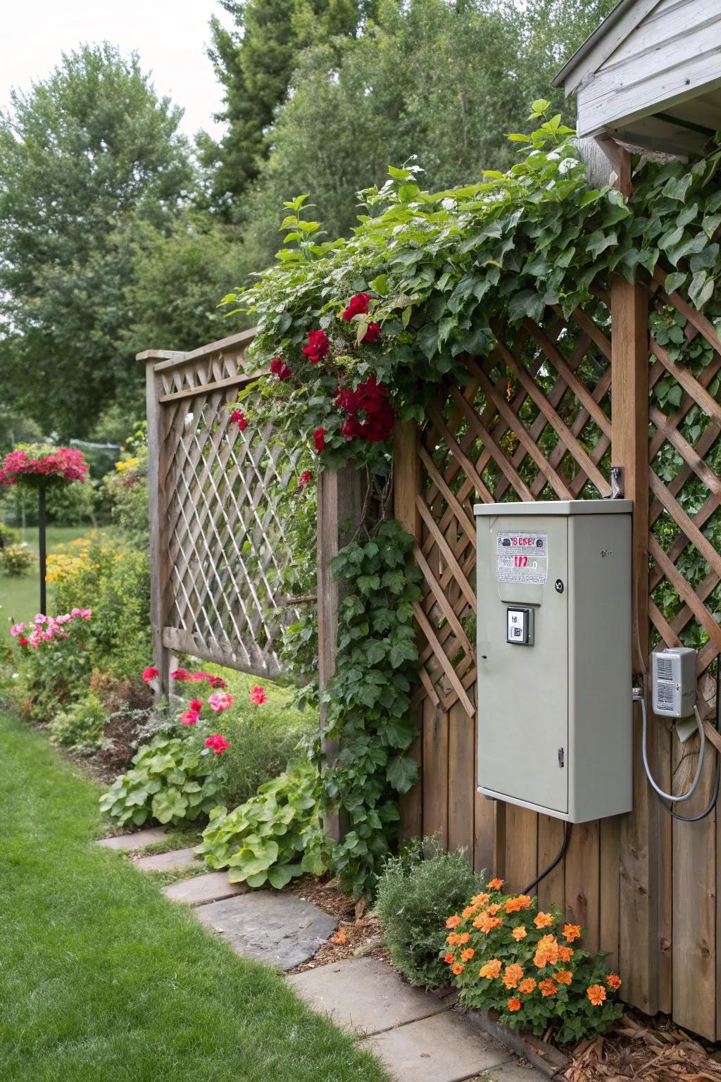 A wooden lattice fence offers both beauty and function when hiding an electrical panel.