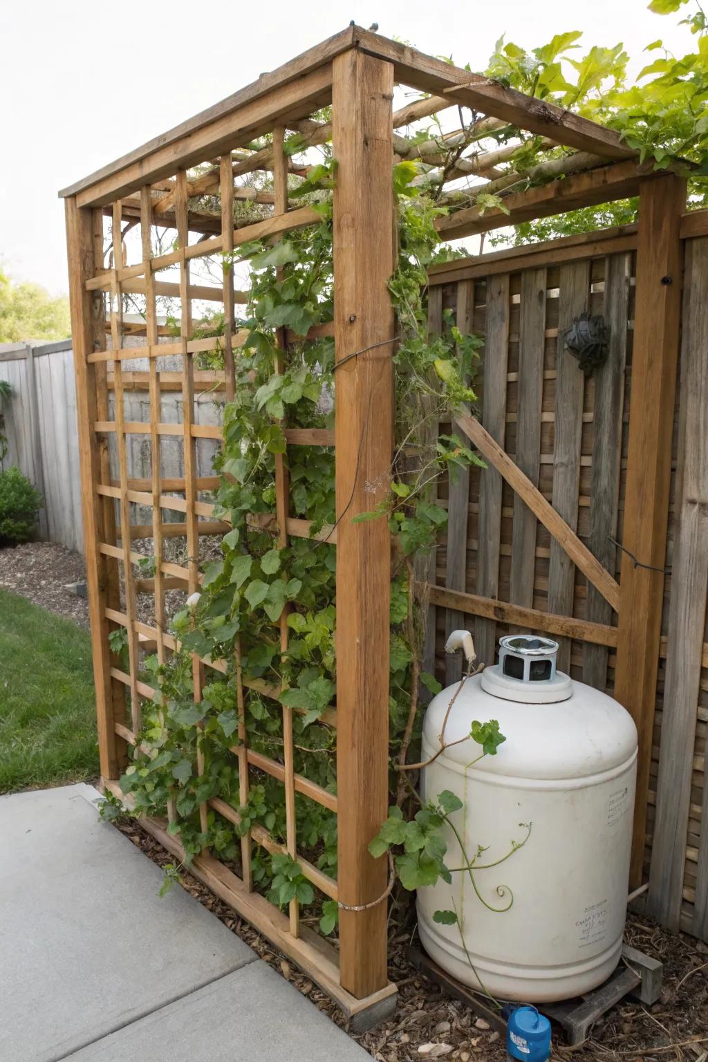 A wooden lattice beautifully disguises the propane tank while adding rustic charm.
