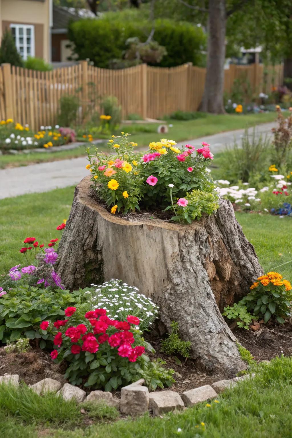 A hollowed tree stump planter bursting with colorful blooms.