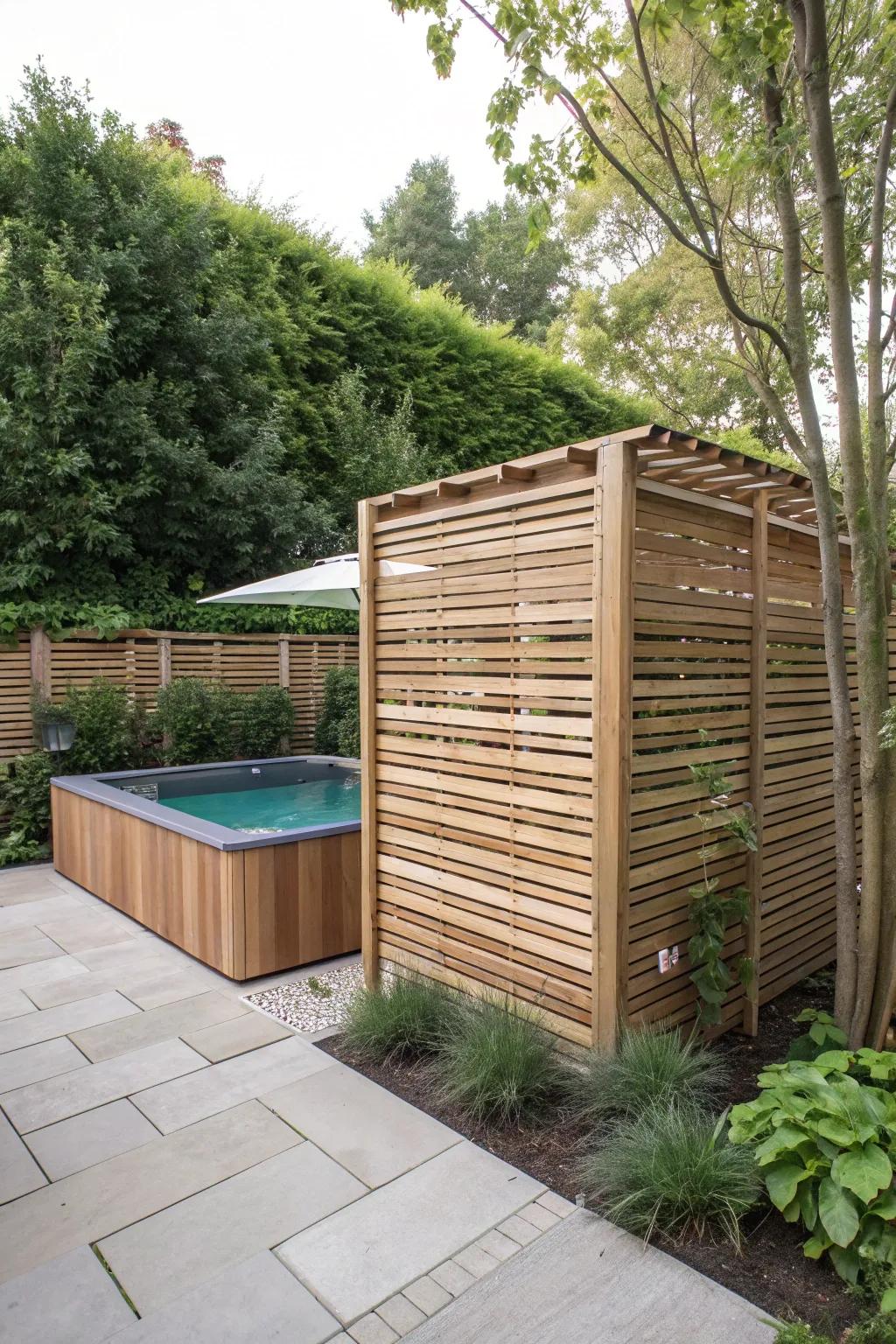 A wooden enclosure blends style with function, providing a neat hideaway for pool equipment.