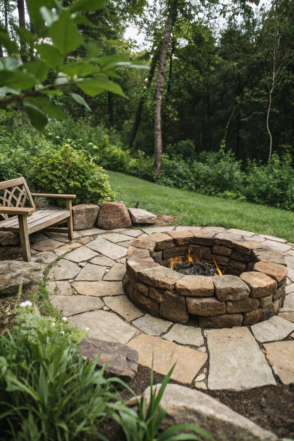 A charming stone circle fire pit set against a backdrop of greenery.