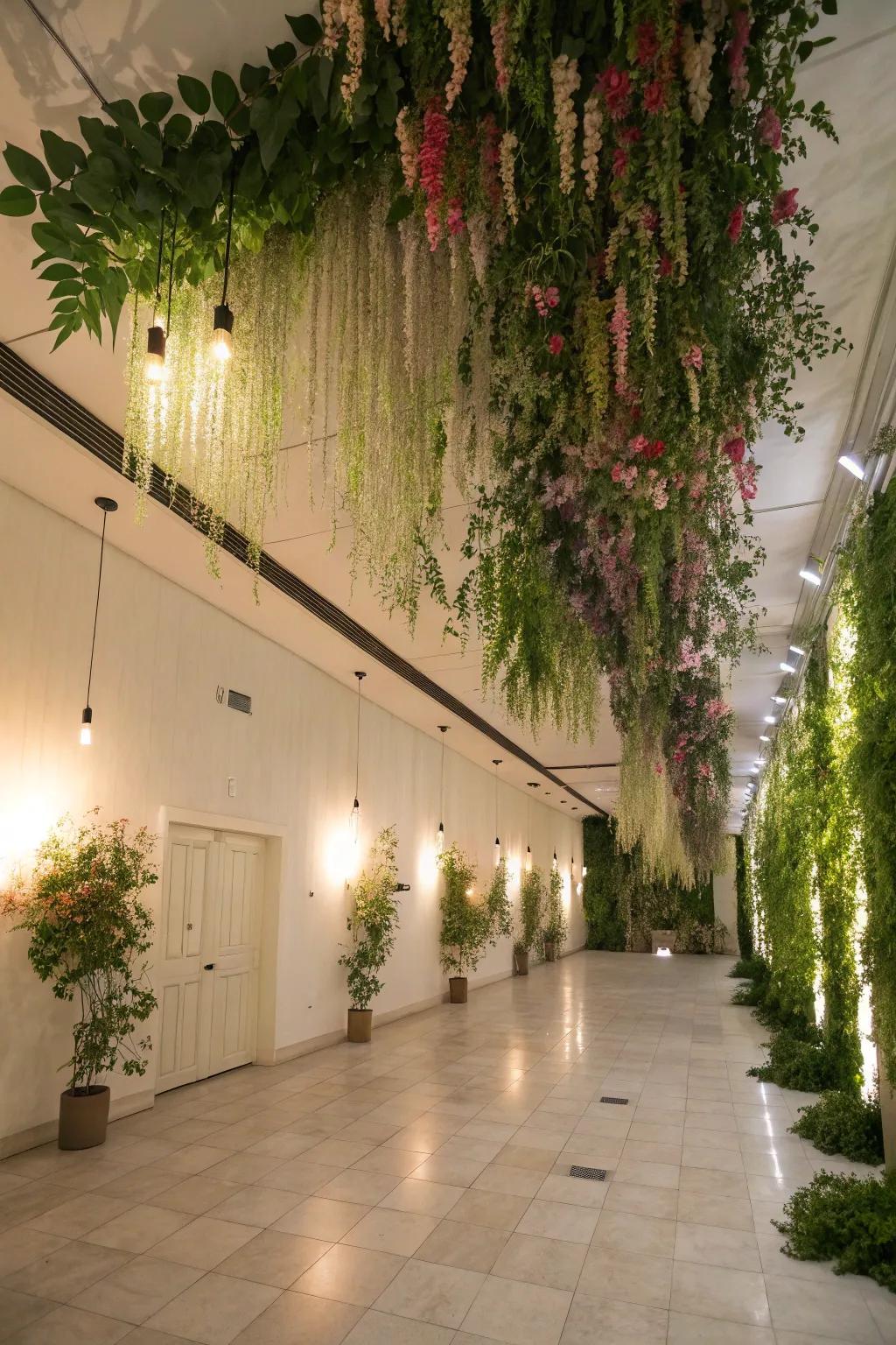 Create a floral canopy with suspended flowers for a magical touch.