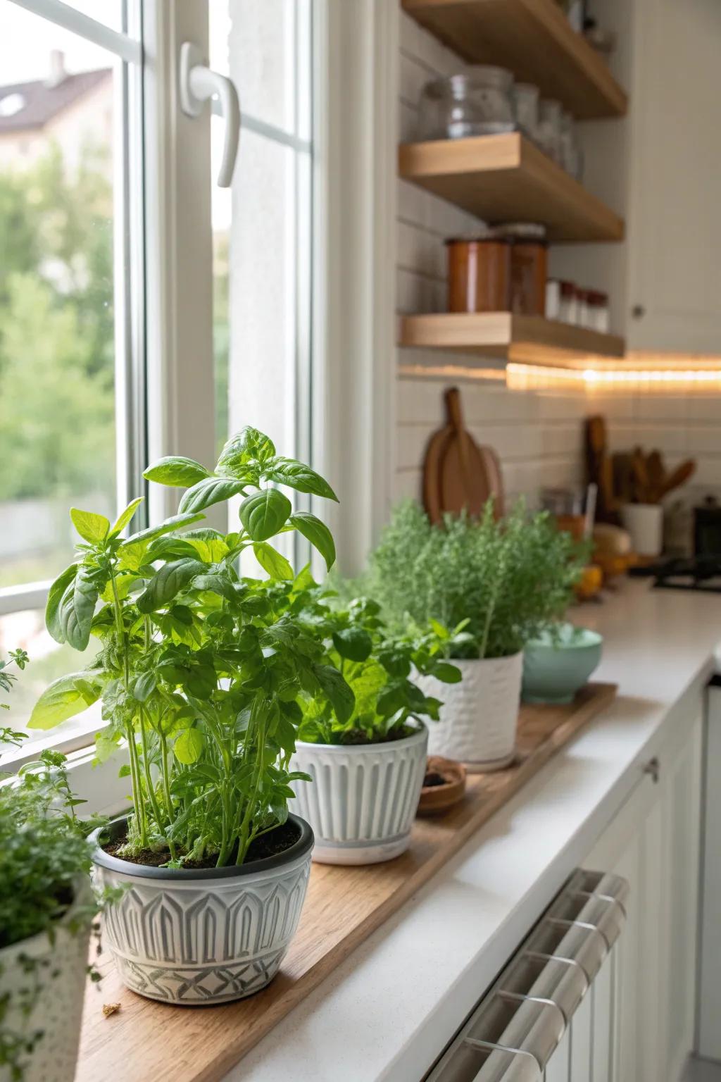 Aromatic herbs thriving on a sunny kitchen windowsill.