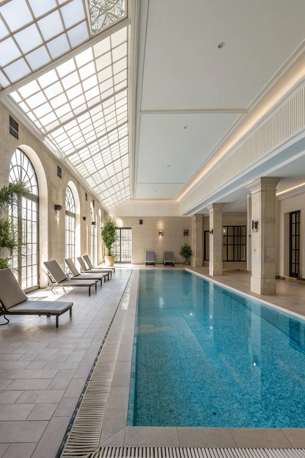 A spacious indoor pool area with a minimalist touch.