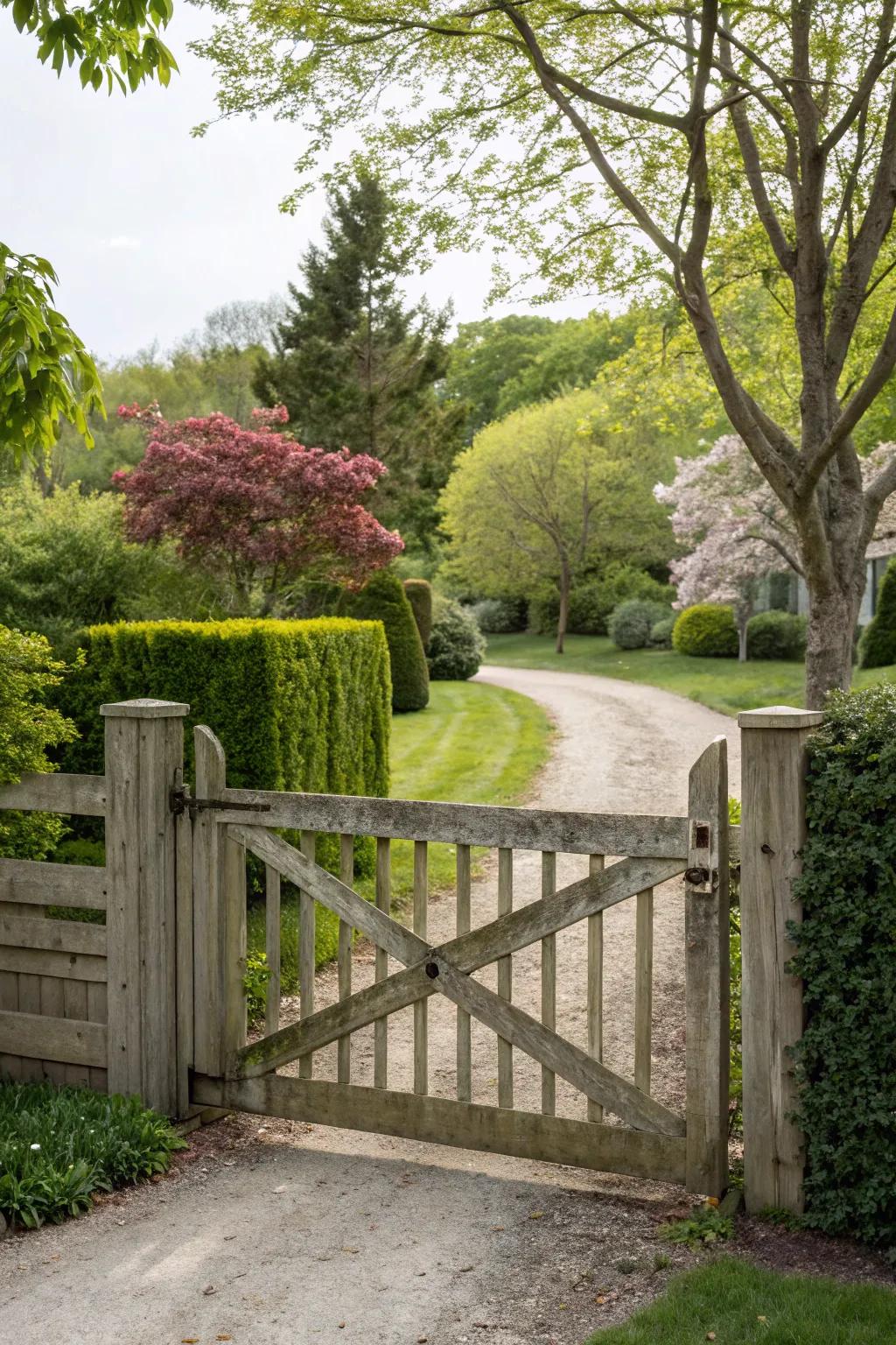 A wooden slat gate offers simplicity and warmth.