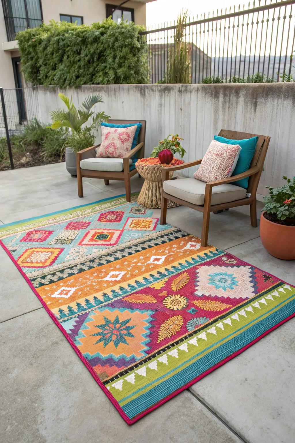 Brighten up your patio with a colorful outdoor rug.
