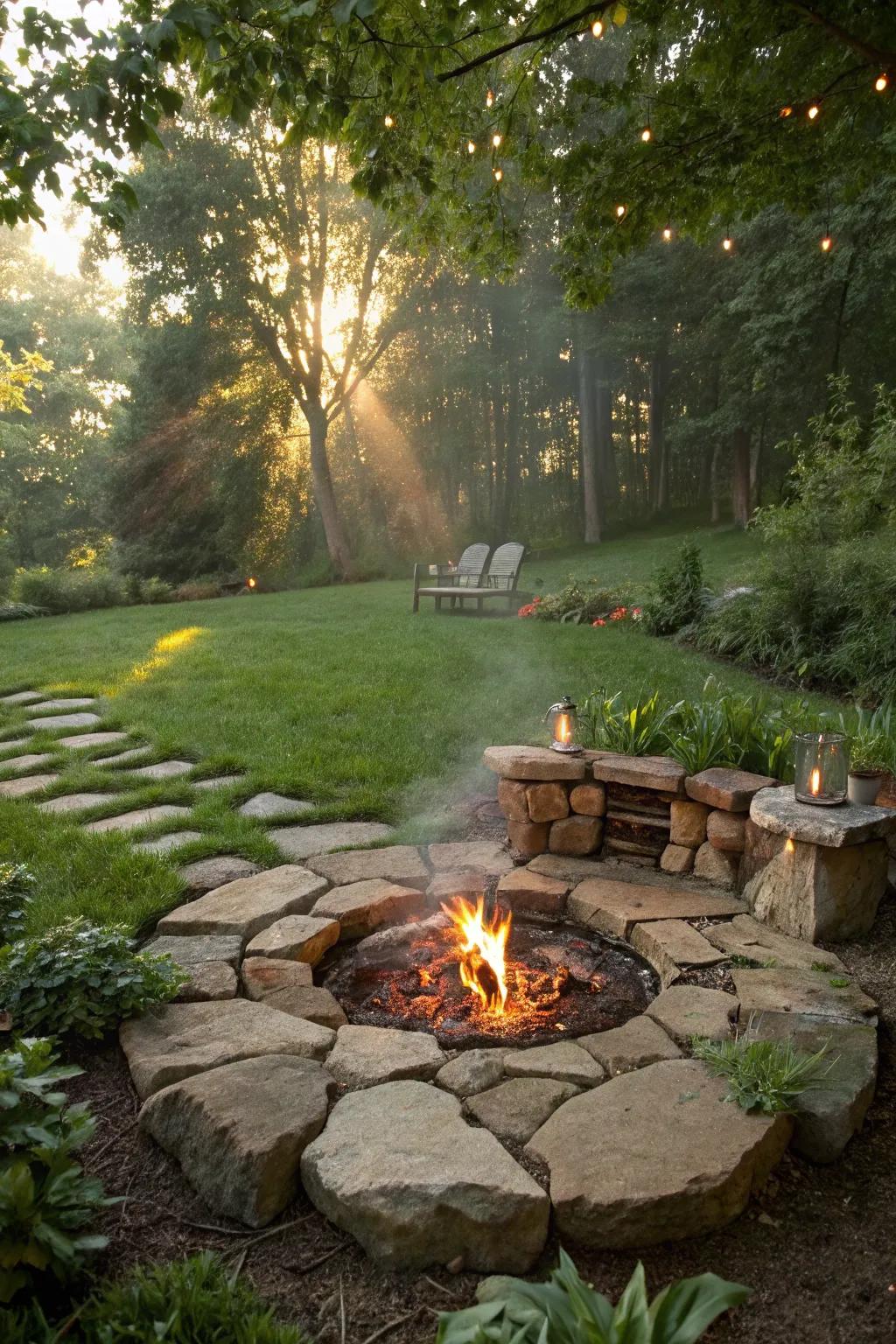 A rustic stone circle fire pit adds natural charm to any backyard.