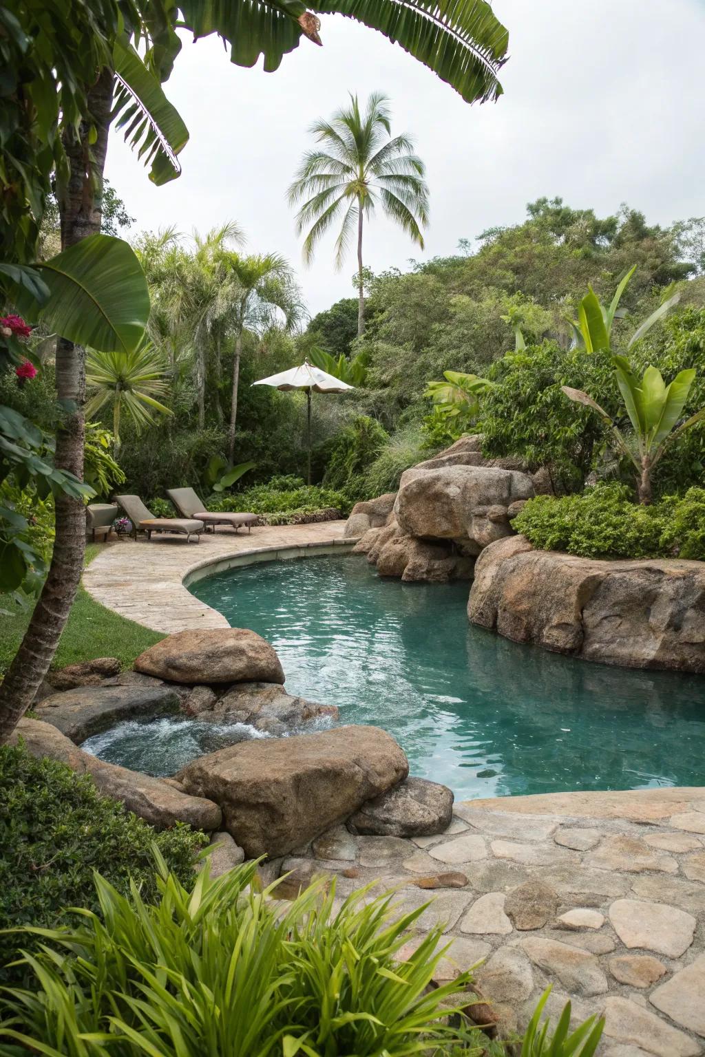 Immerse yourself in a natural rock formation pool for a serene backyard escape.