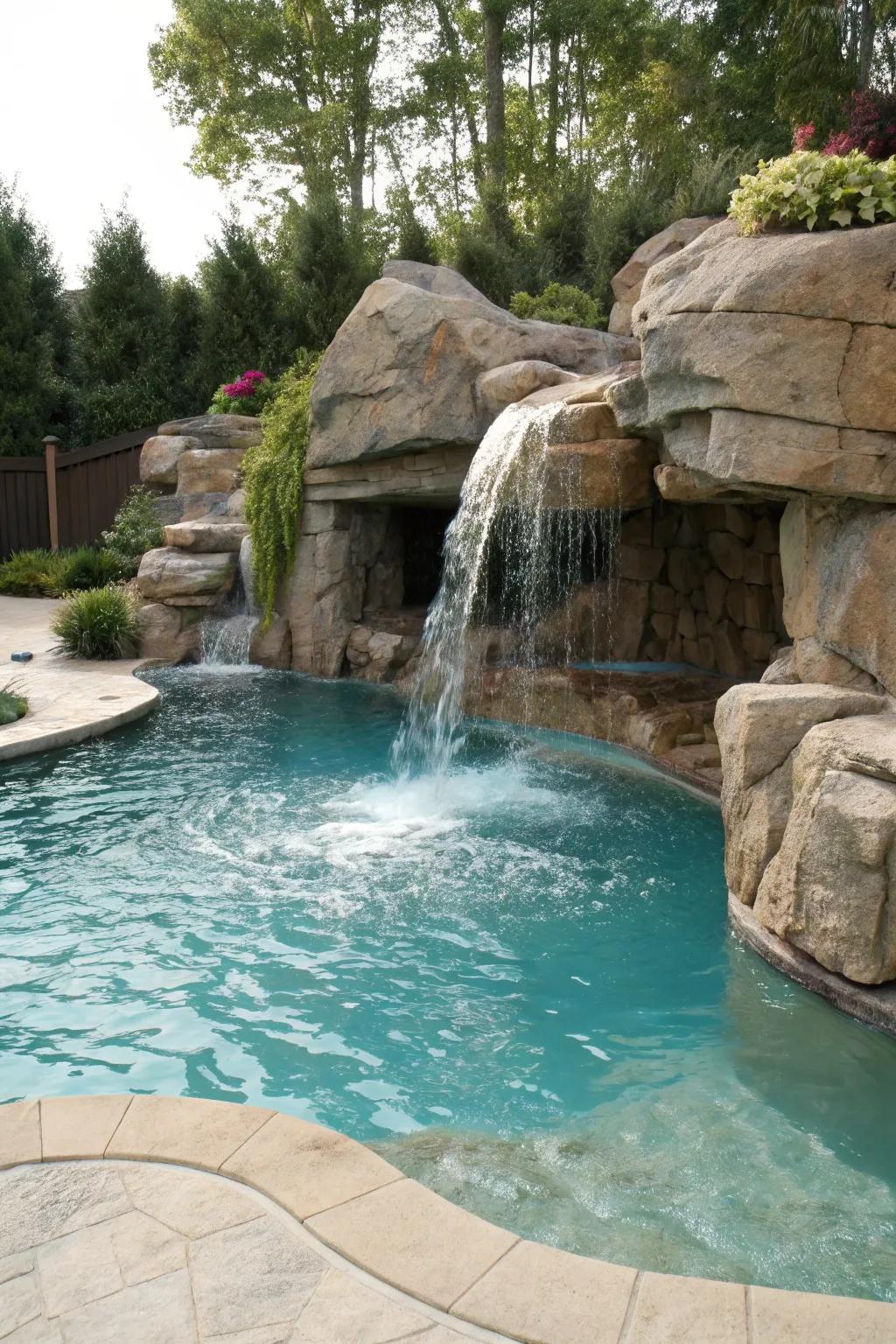 An inground swimming pool adorned with a natural stone waterfall, creating a serene escape.